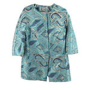 Chico's Turquoise Mosaic Jacquard jacket 1 8/10 metallic blue teal professional